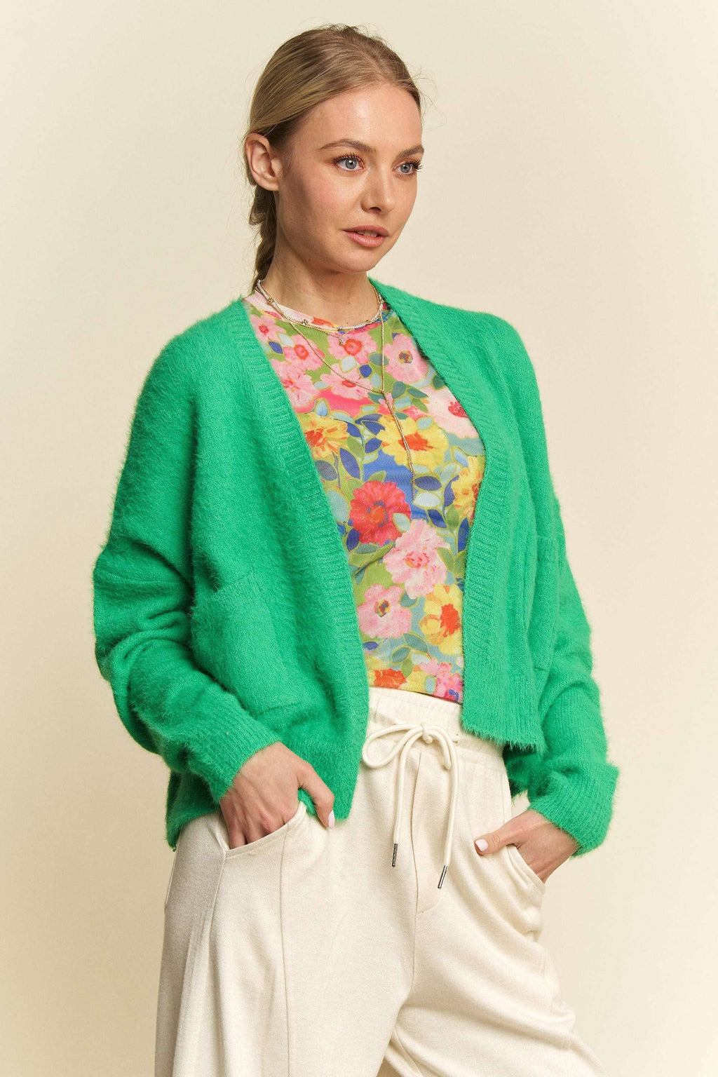 SOLID LONG SLEEVE LOOSE FIT POCKETS CARDIGAN: BUBBLE PINK, S