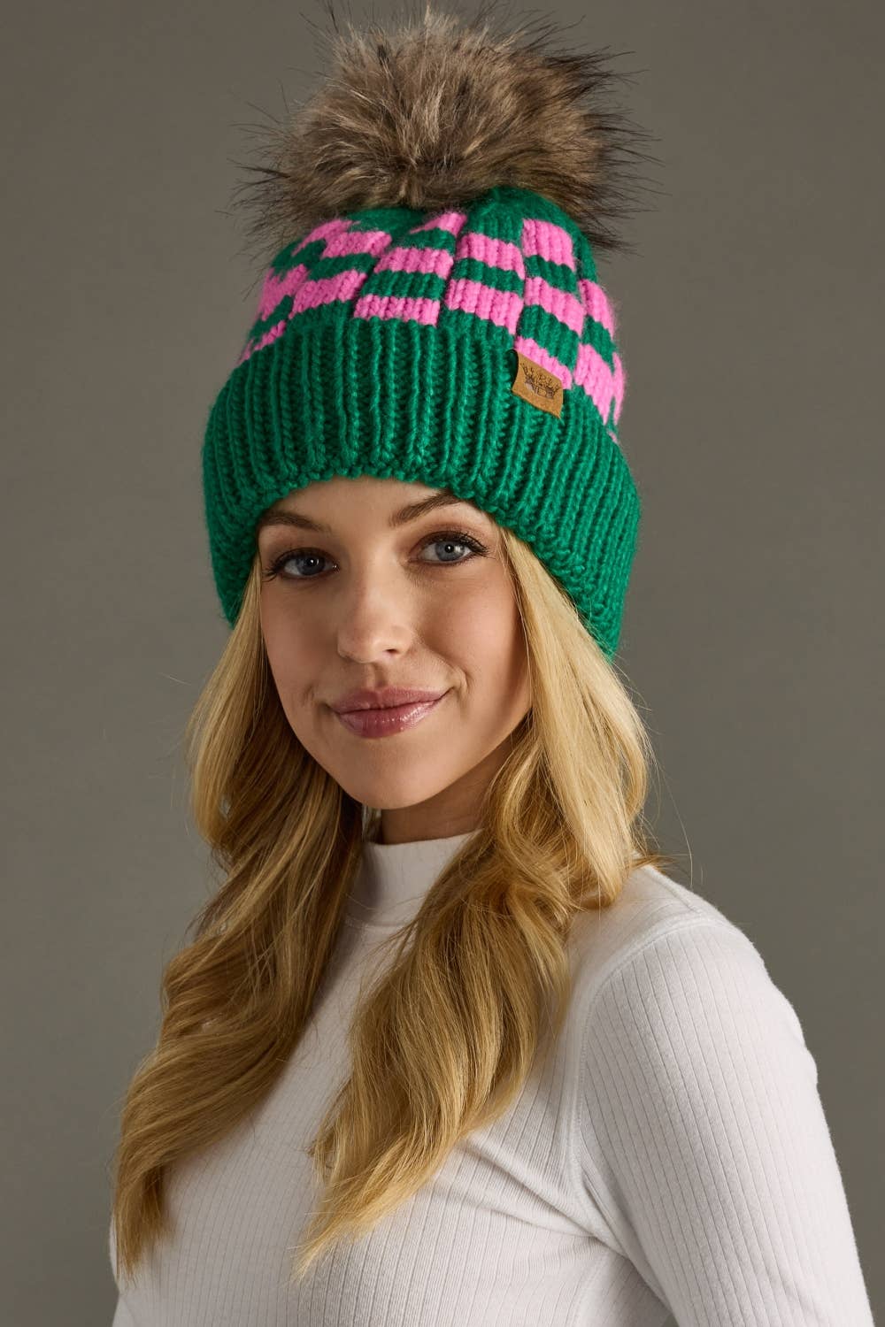 Green & Pink Checkered Pom Hat