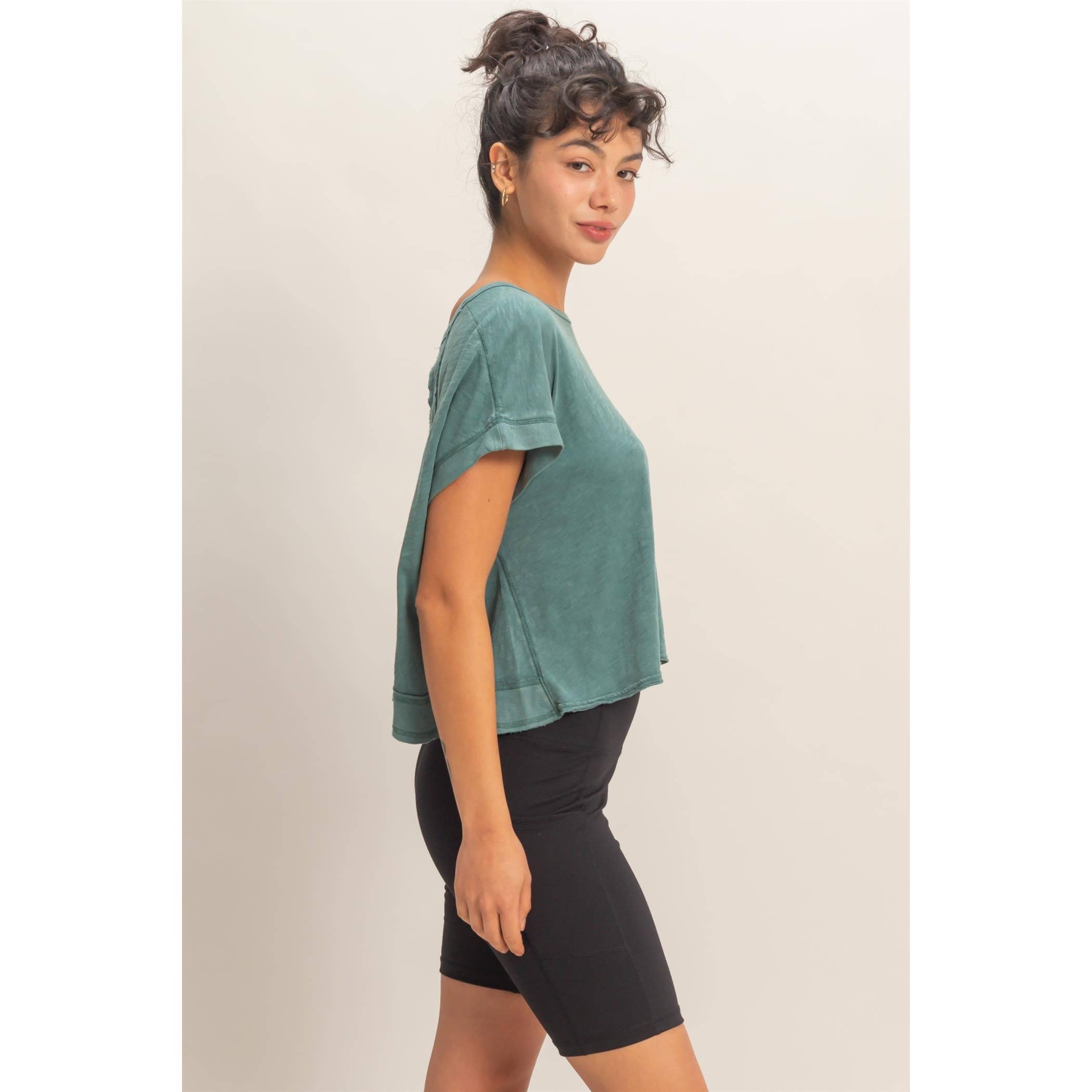 Acid Washed Teal Open Back Top