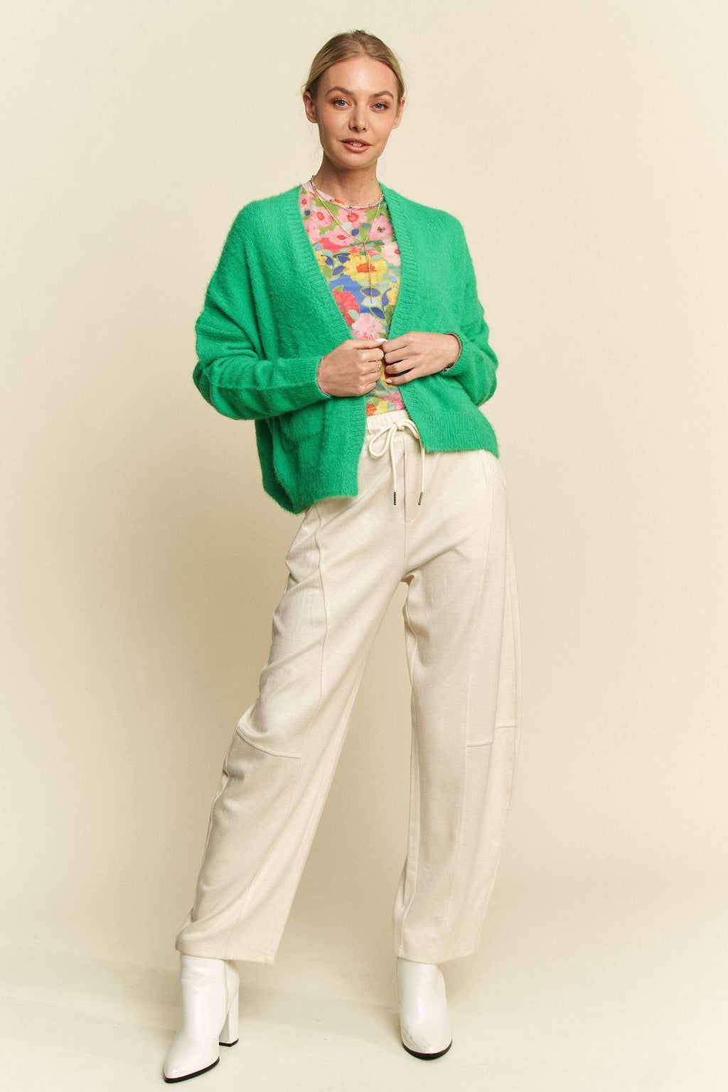 SOLID LONG SLEEVE LOOSE FIT POCKETS CARDIGAN: BUBBLE PINK, S