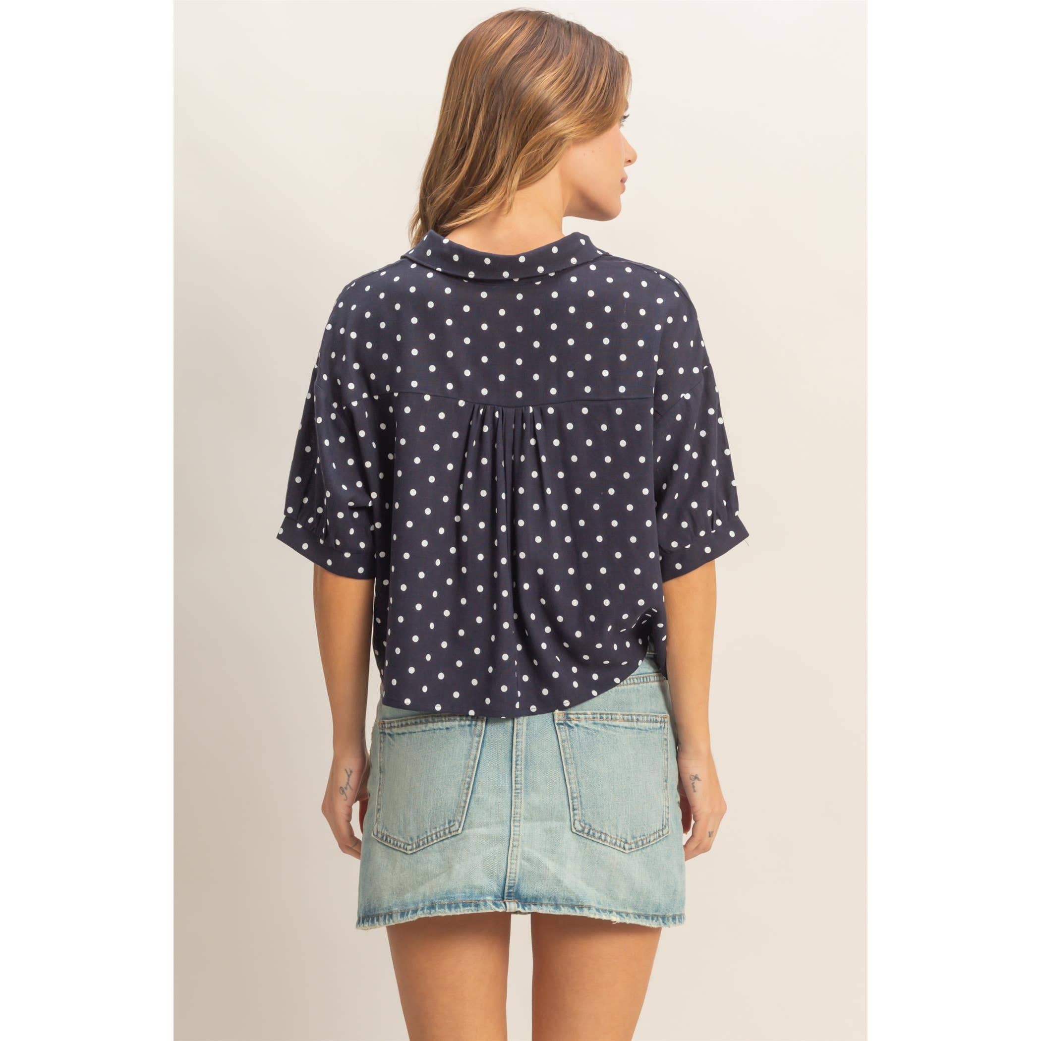 Polka Dot Button-Up Shirt: NAVY,