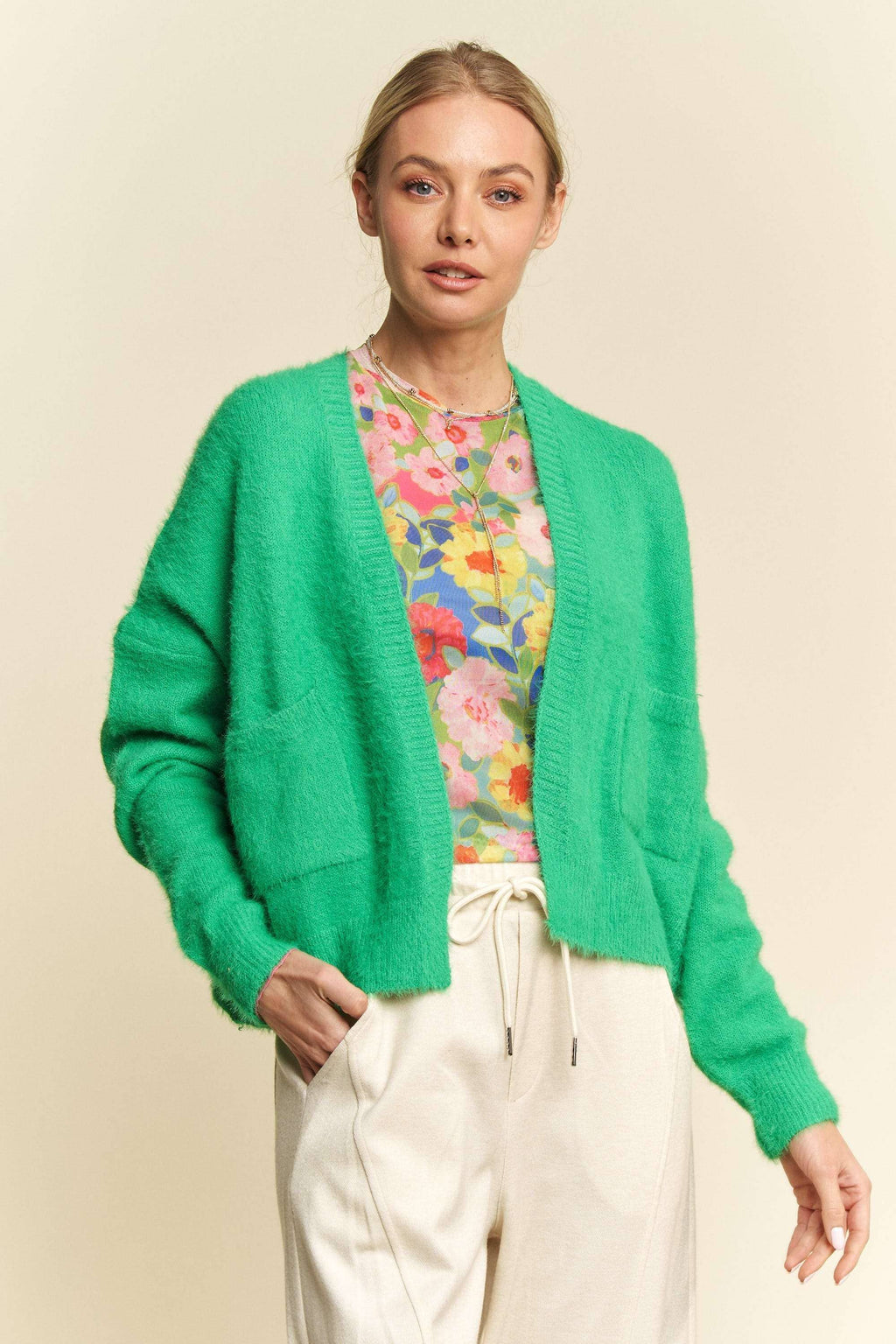 SOLID LONG SLEEVE LOOSE FIT POCKETS CARDIGAN: BUBBLE PINK, M