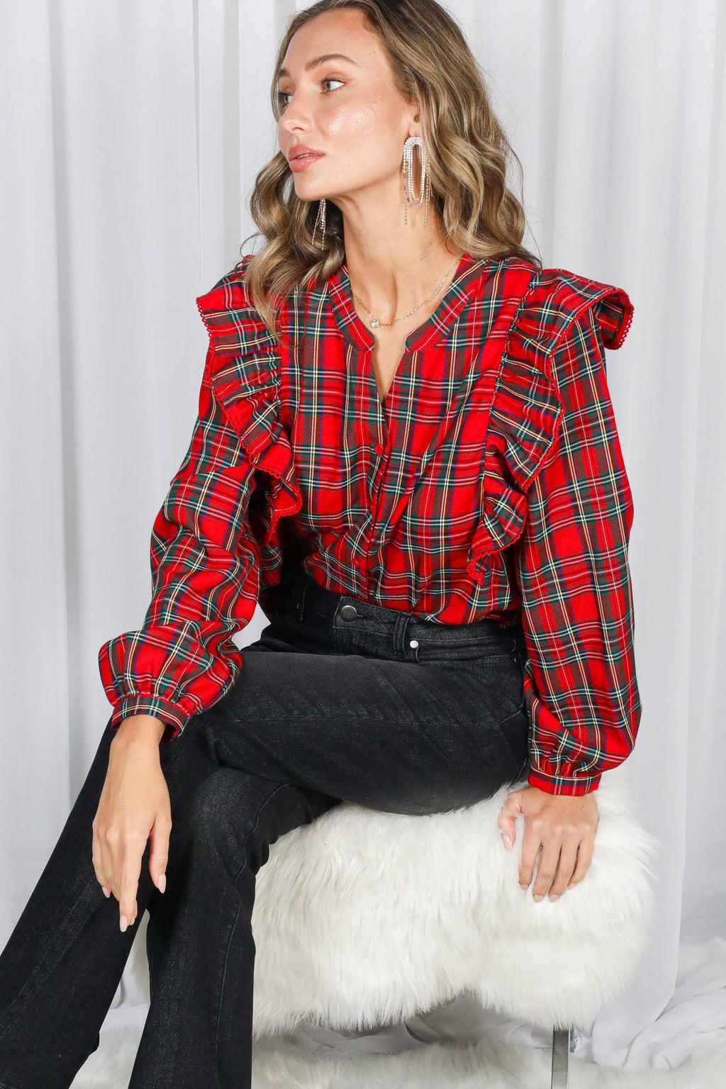 Lace Trim Ruffle Plaid Blouse