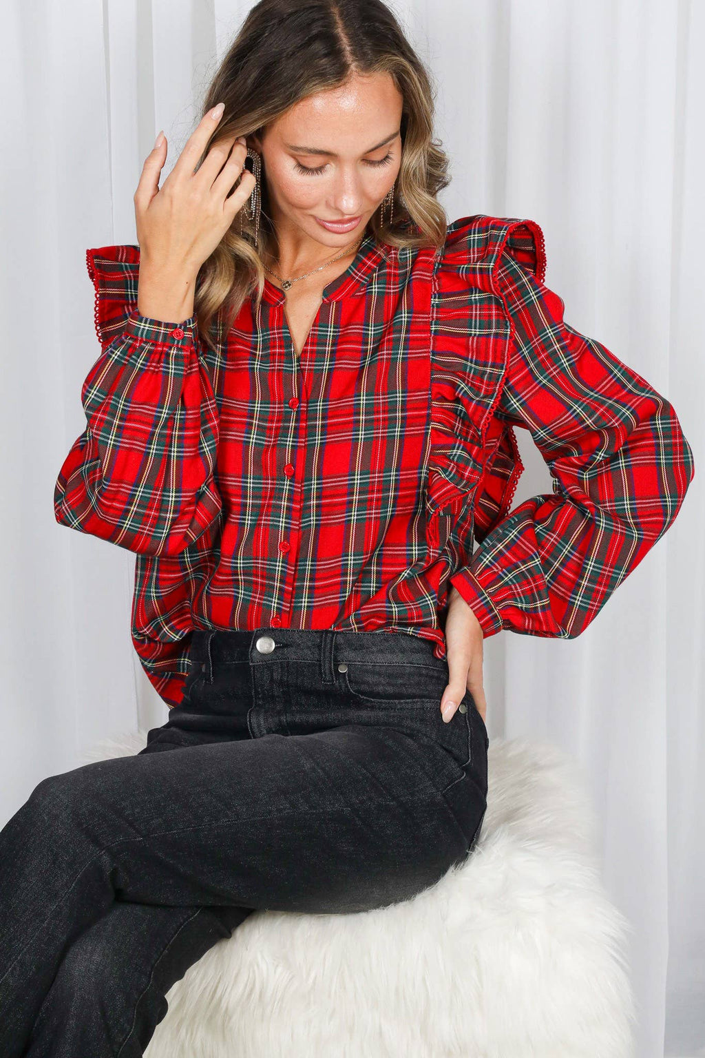 Lace Trim Ruffle Plaid Blouse