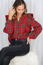 Lace Trim Ruffle Plaid Blouse