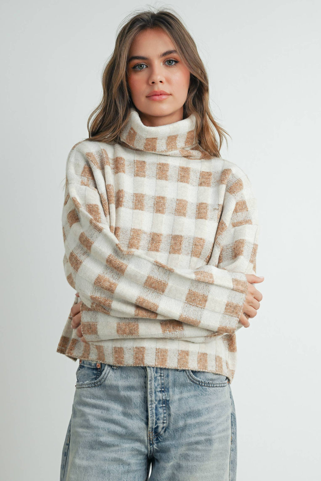 Check Turtleneck Sweater Taupe