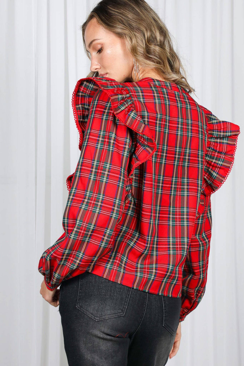 Lace Trim Ruffle Plaid Blouse