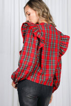 Lace Trim Ruffle Plaid Blouse