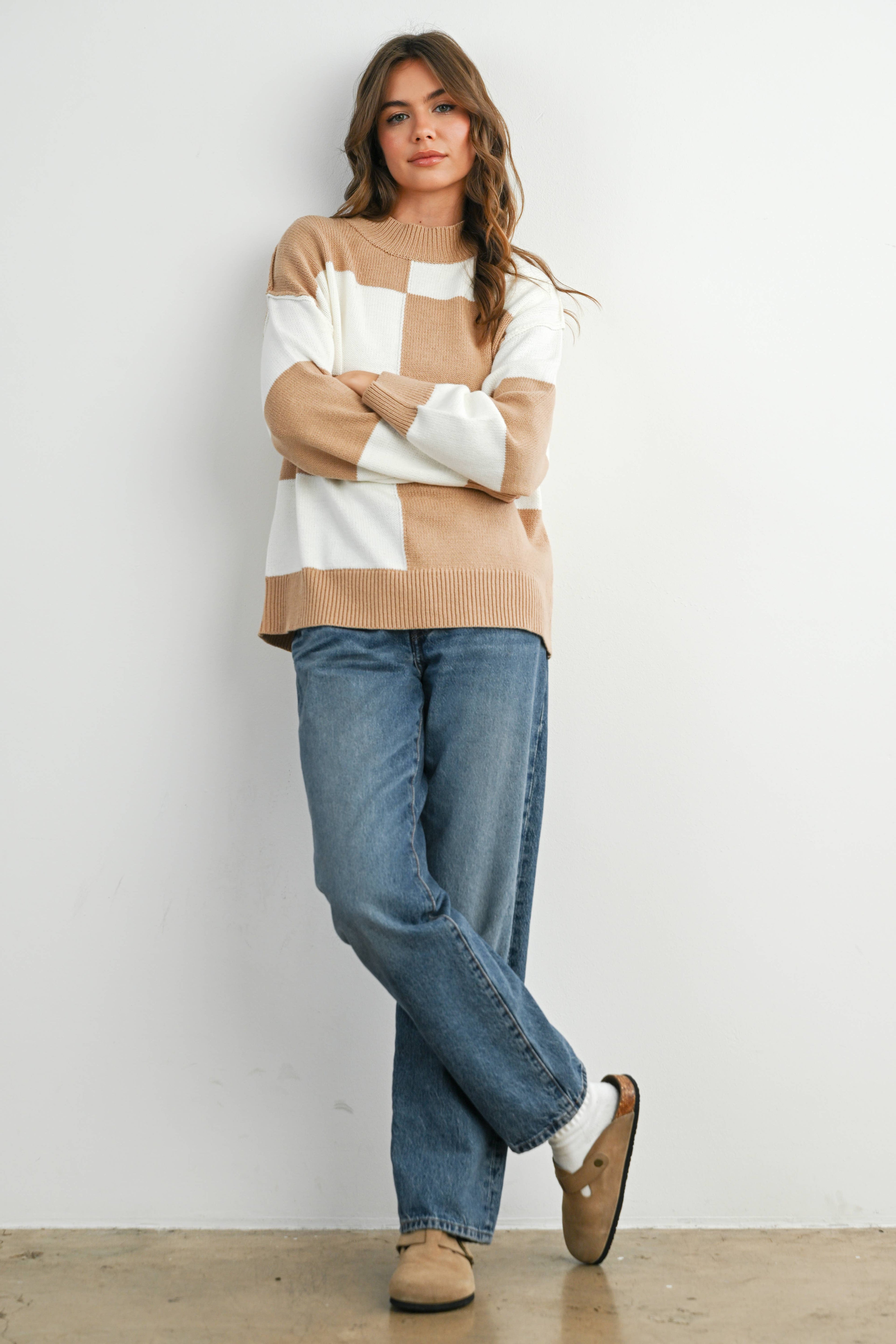 Trendy Checkered Sweater -TAUPE / IVORY