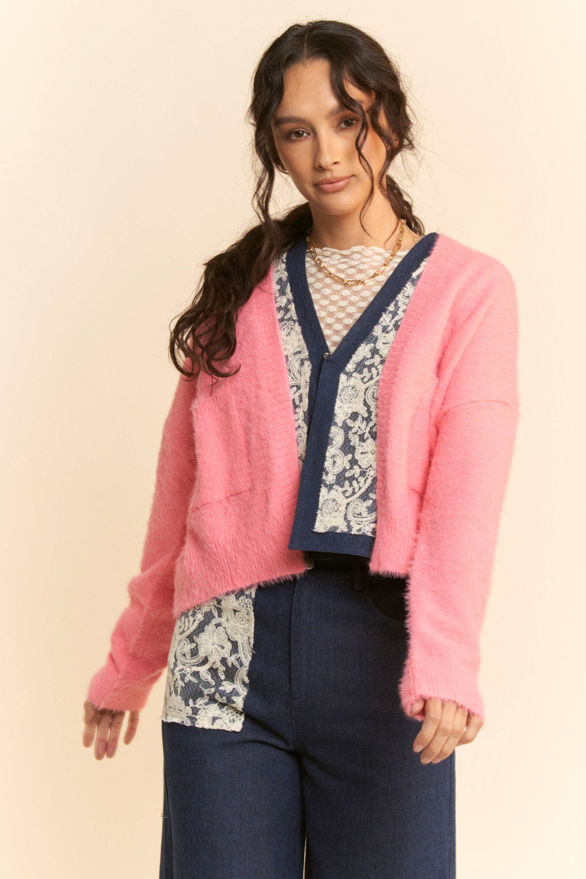 SOLID LONG SLEEVE LOOSE FIT POCKETS CARDIGAN: BUBBLE PINK, S