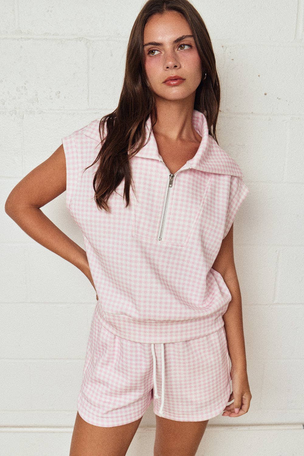 Gingham Zip Up Top Short Set