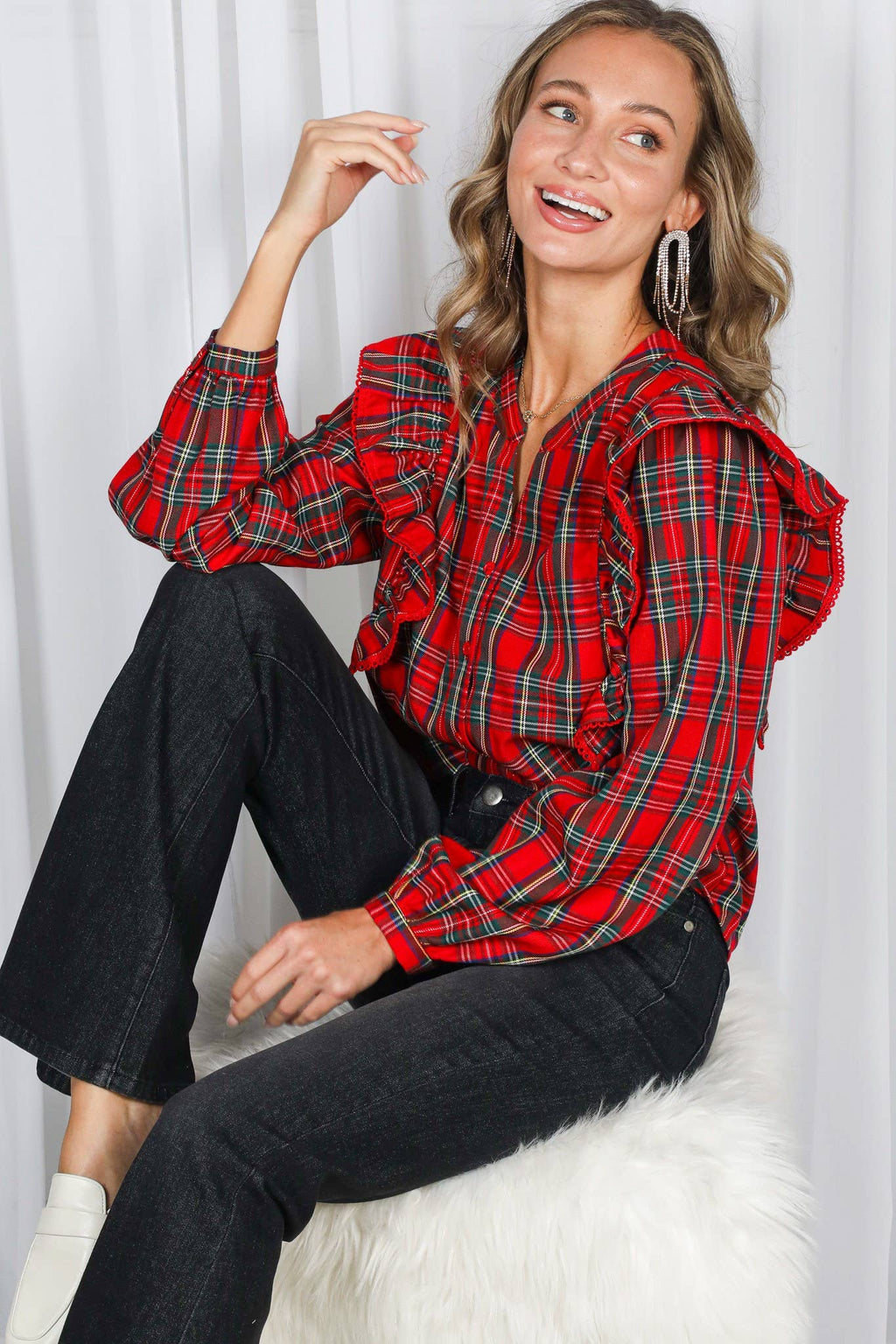 Lace Trim Ruffle Plaid Blouse