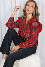 Lace Trim Ruffle Plaid Blouse