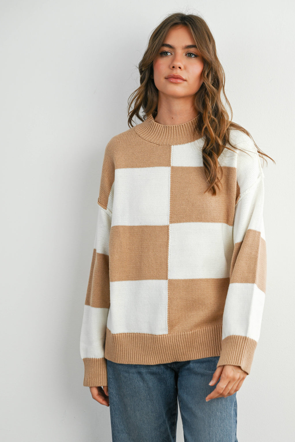 Trendy Checkered Sweater -TAUPE / IVORY