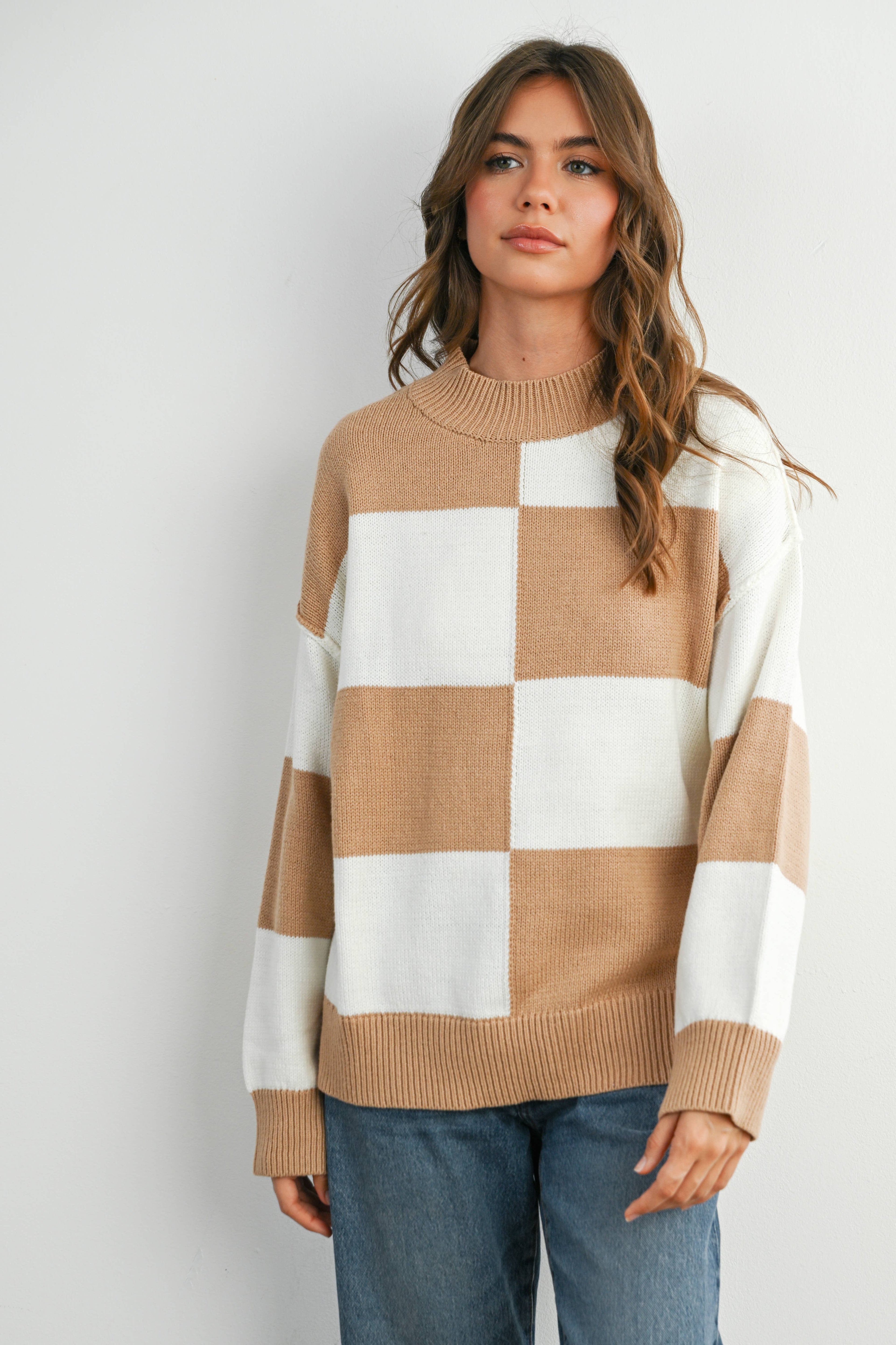 Trendy Checkered Sweater -TAUPE / IVORY