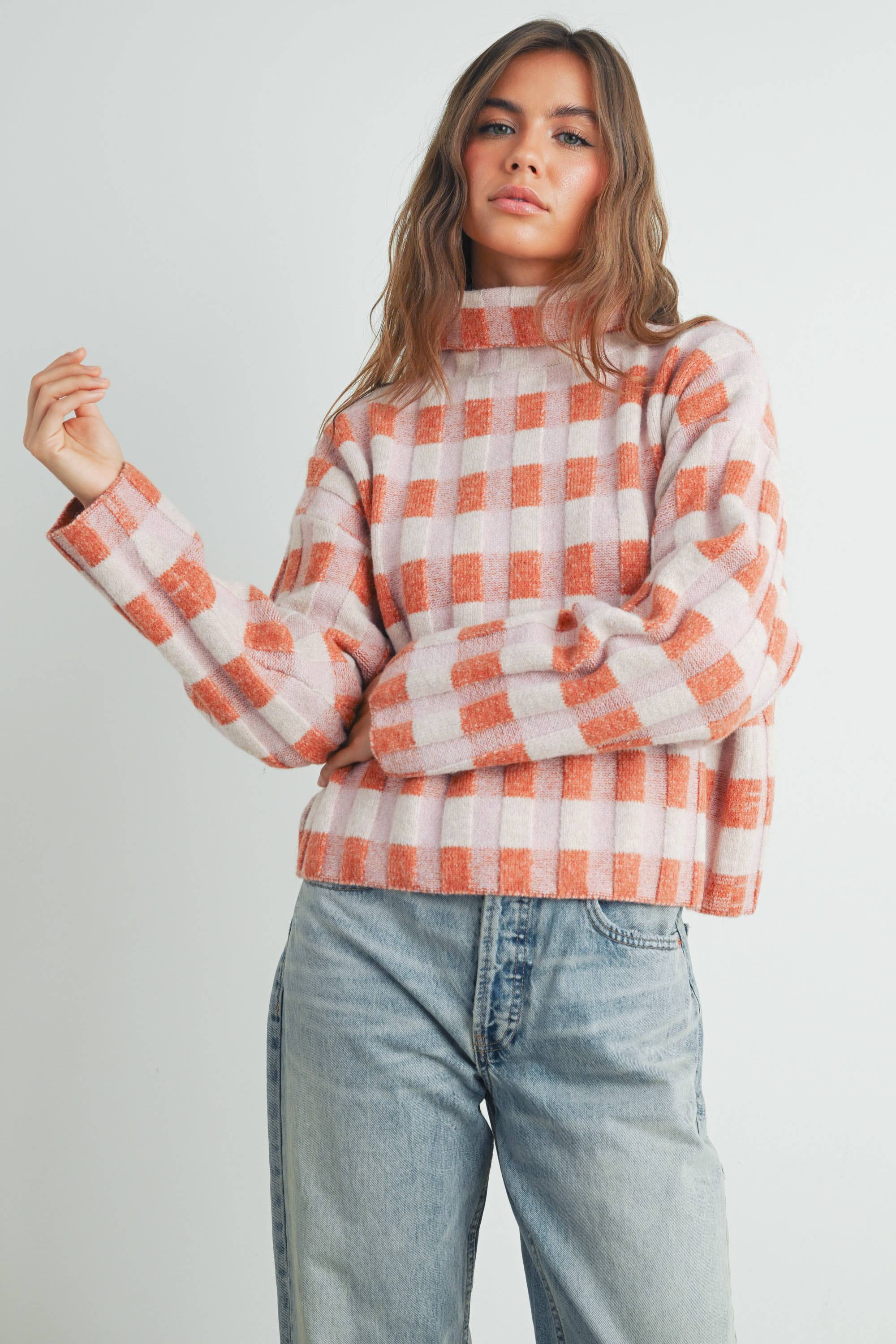 Check Turtleneck Sweater Taupe