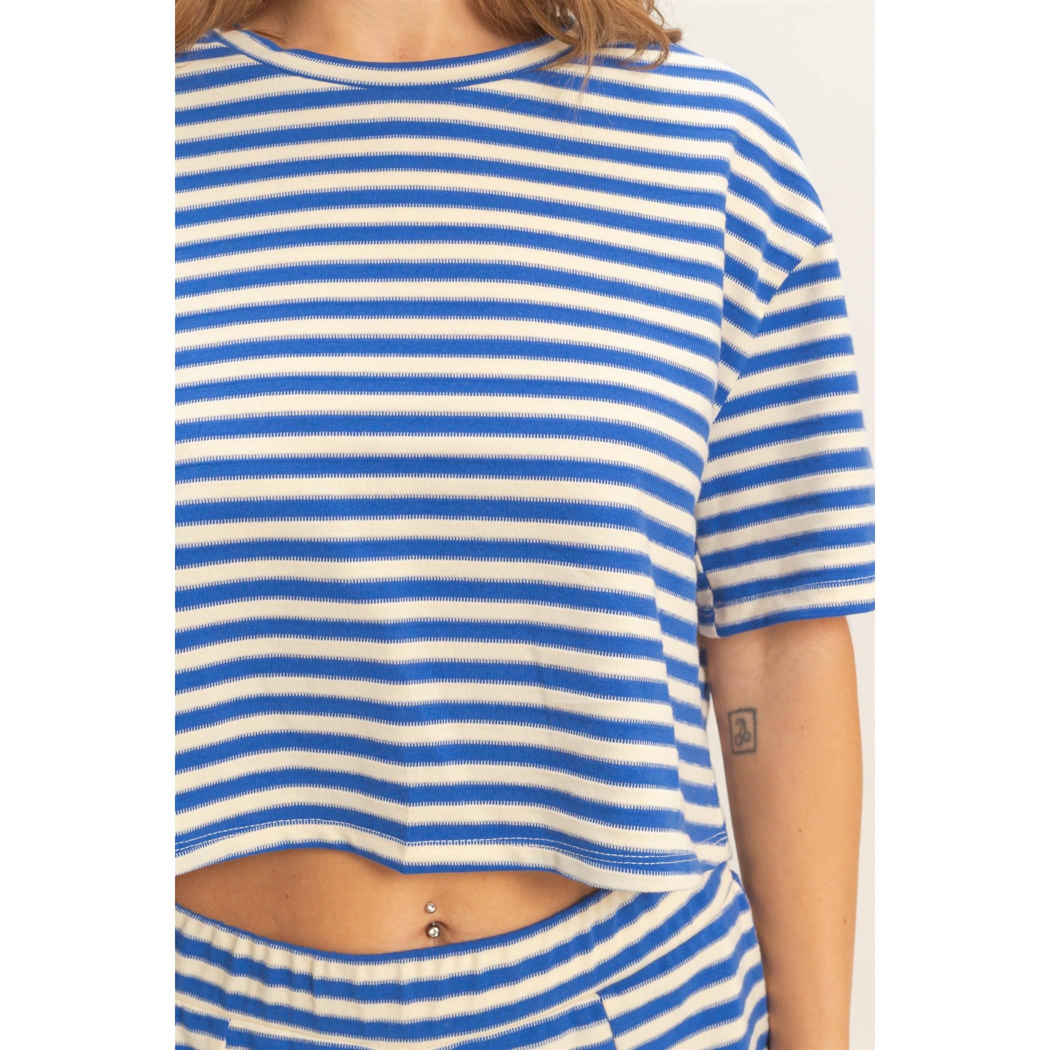 Blue Striped Crew Neck Short Set