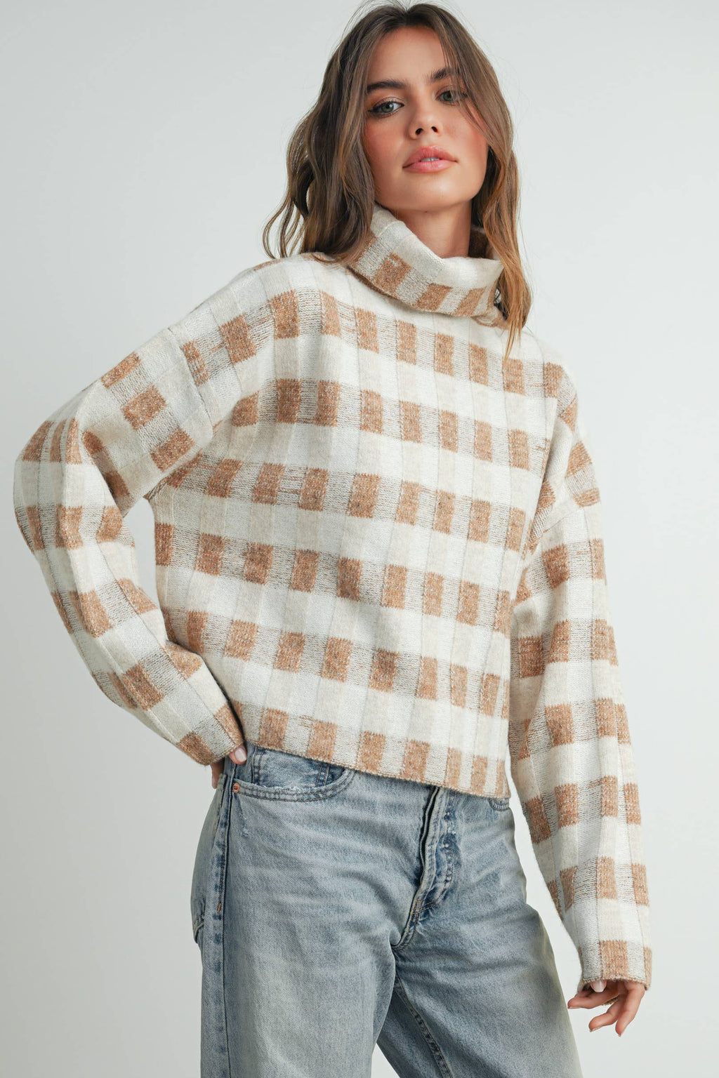 Check Turtleneck Sweater Taupe