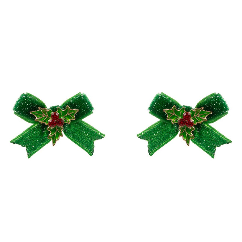 Christmas Holly Enamel w Velvet Bow Post Earrings: Red, ONE SIZE