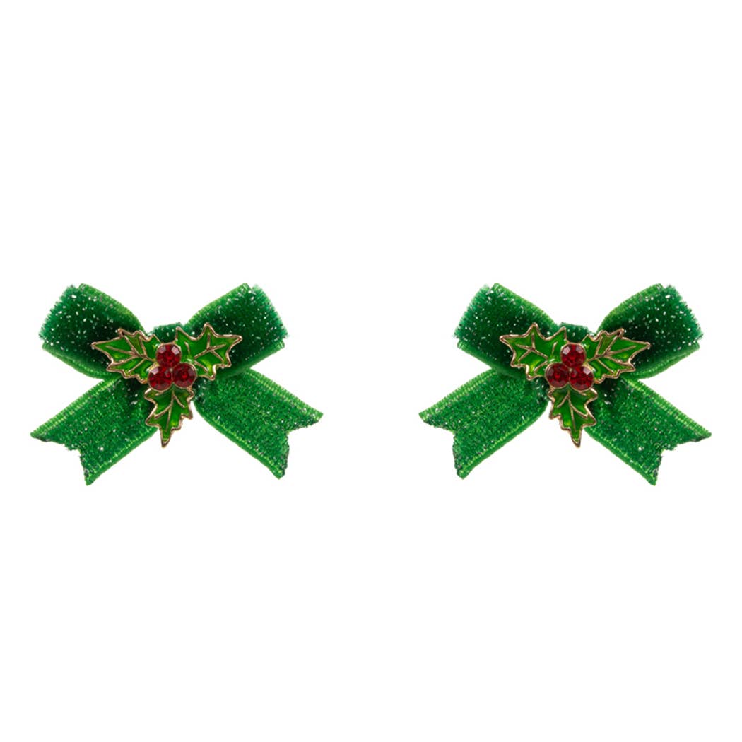 Christmas Holly Enamel w Velvet Bow Post Earrings: Red, ONE SIZE