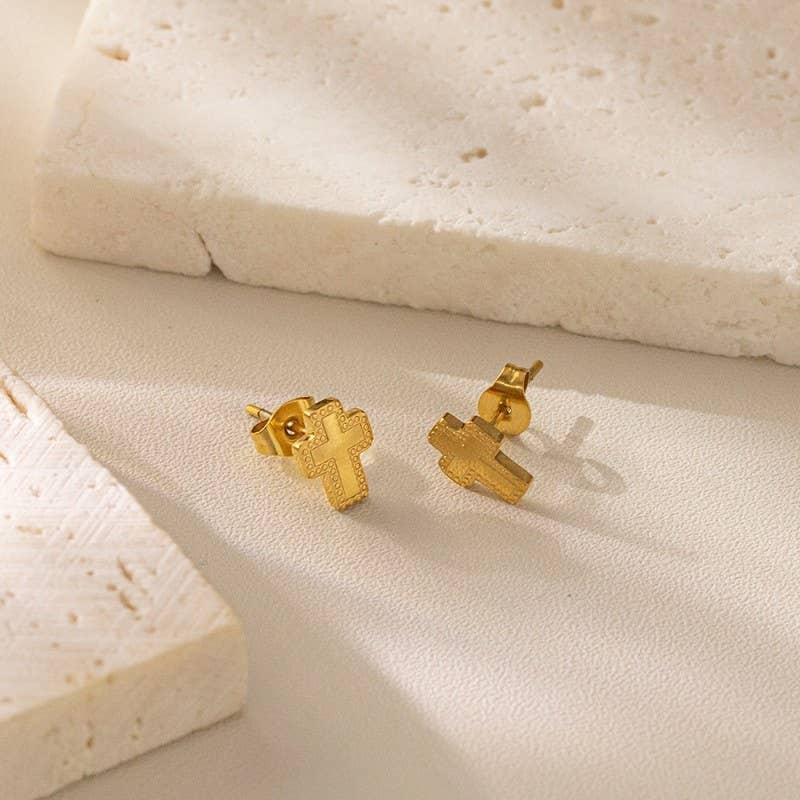 Tarnish Free Gold Cross Studs