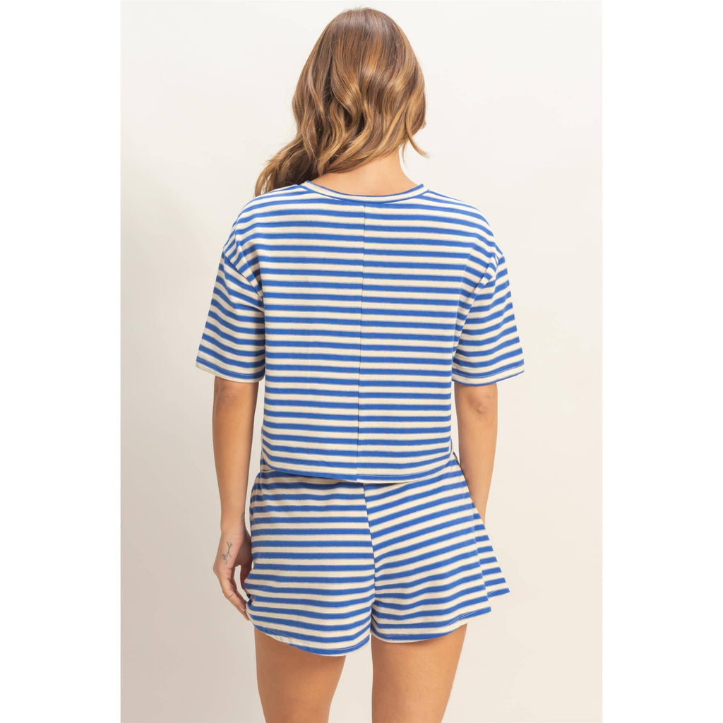 Blue Striped Crew Neck Short Set