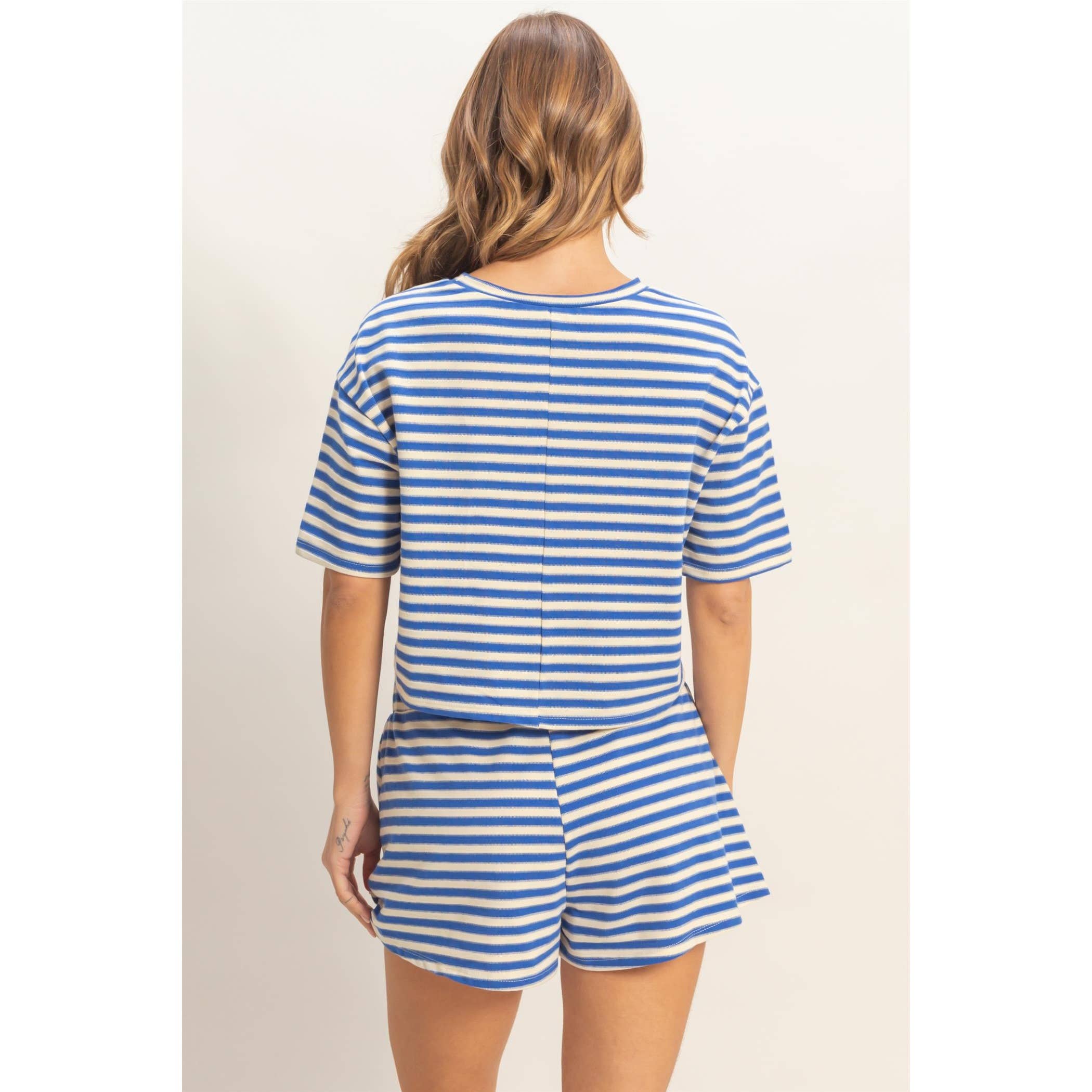 Blue Striped Crew Neck Short Set