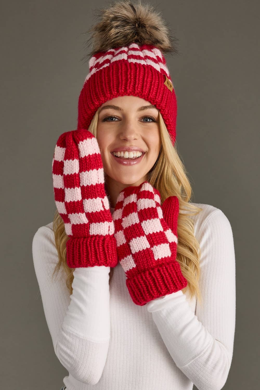 Red & Pink Checkered Pom Hat