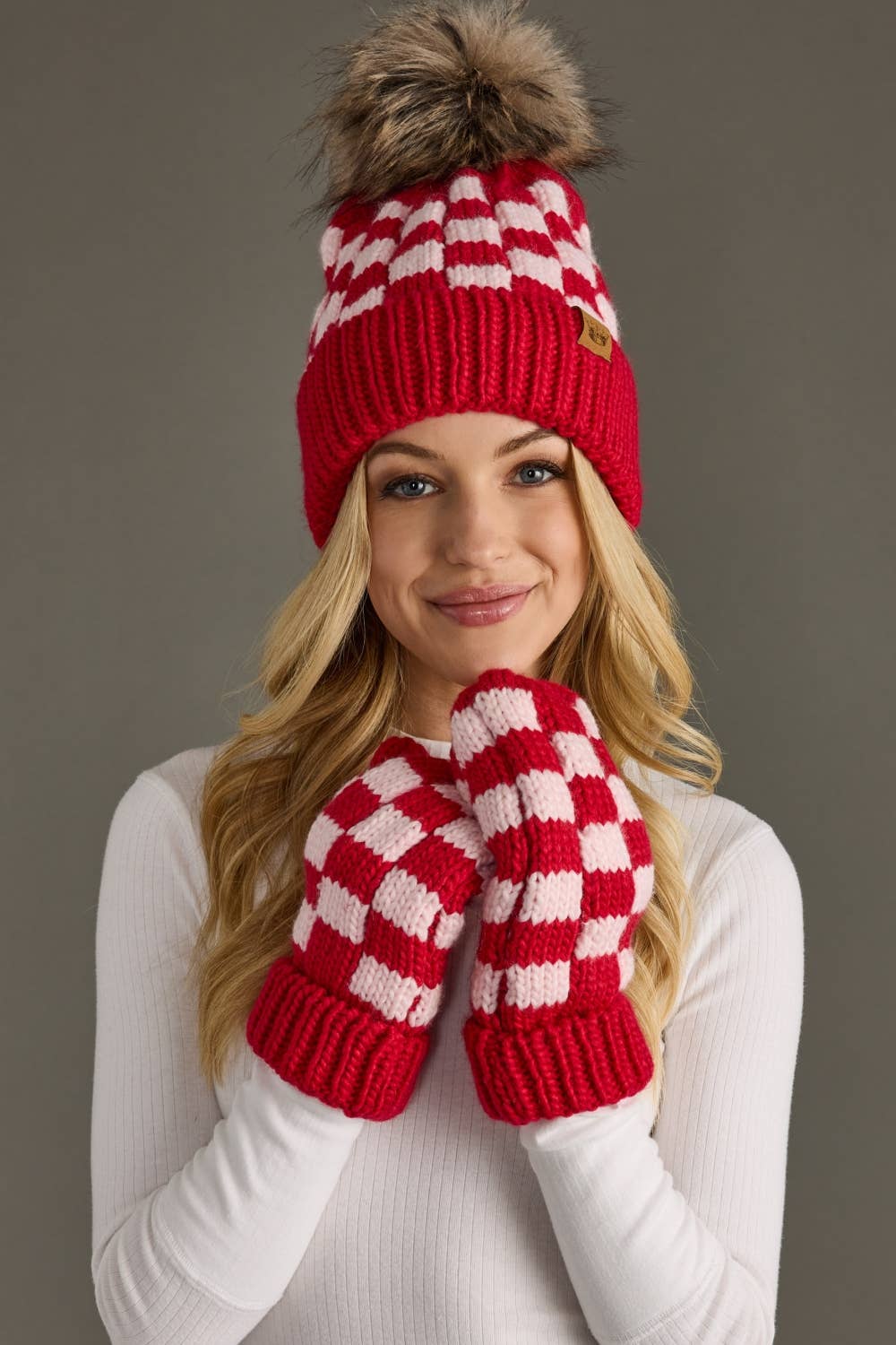 Red & Pink Checkered Pom Hat