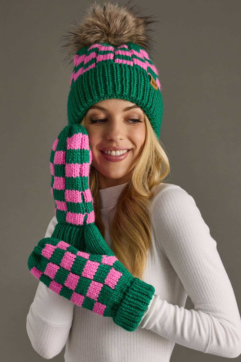 Green & Pink Checkered Pom Hat