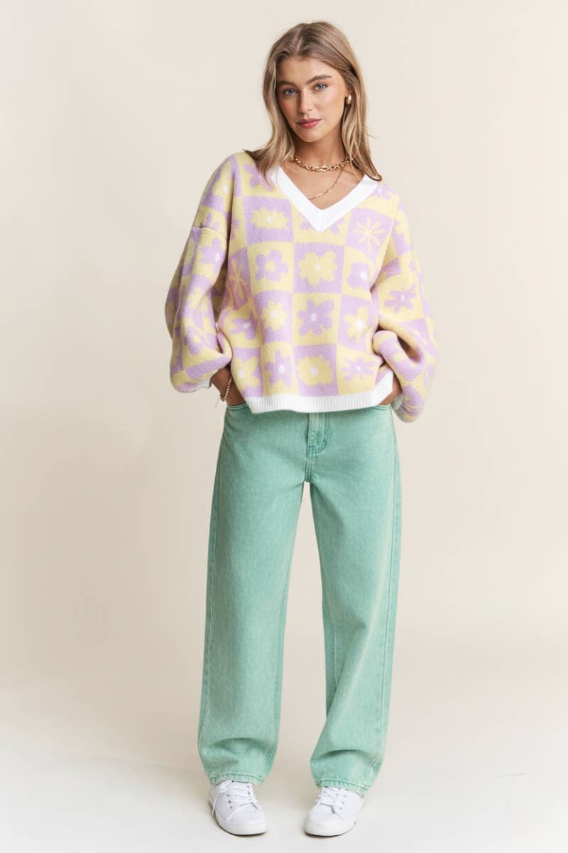 Floral Checkered Sweater : Periwinkle