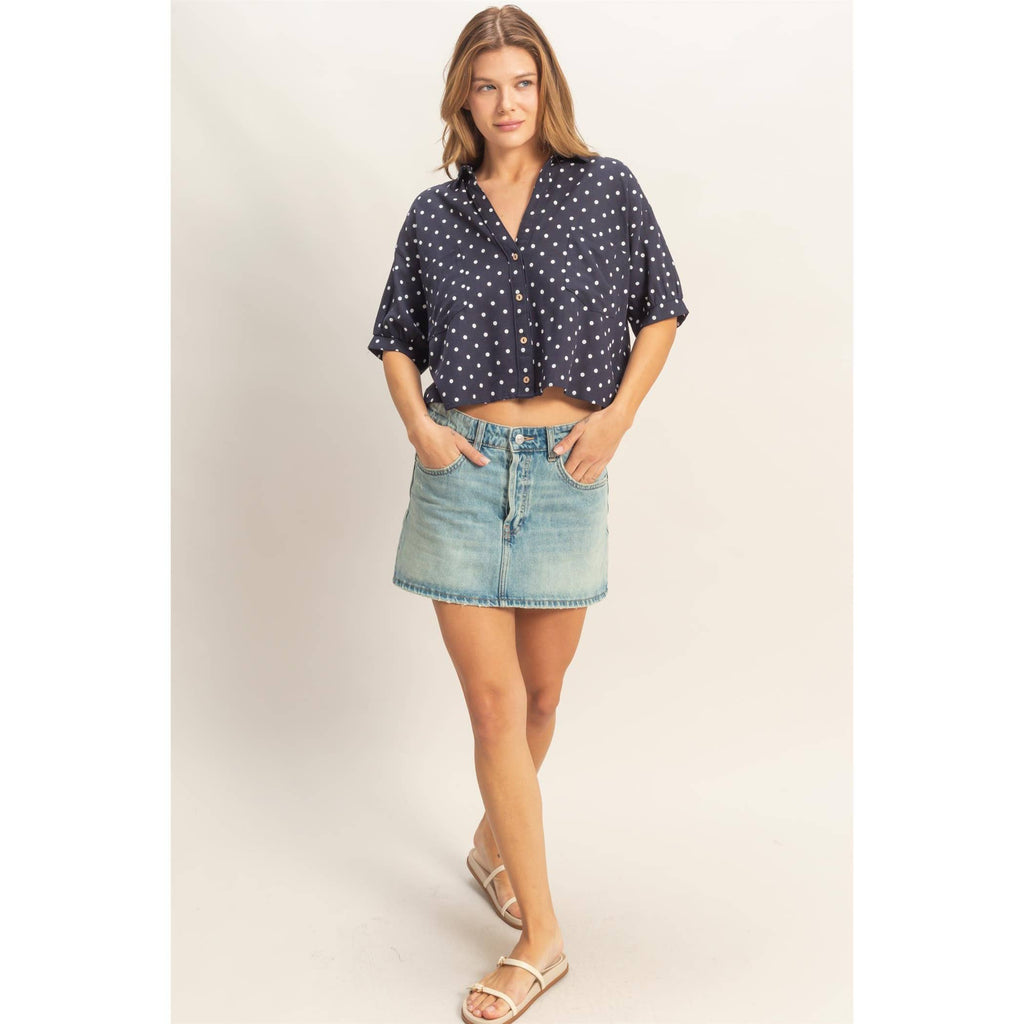 Polka Dot Button-Up Shirt: NAVY,