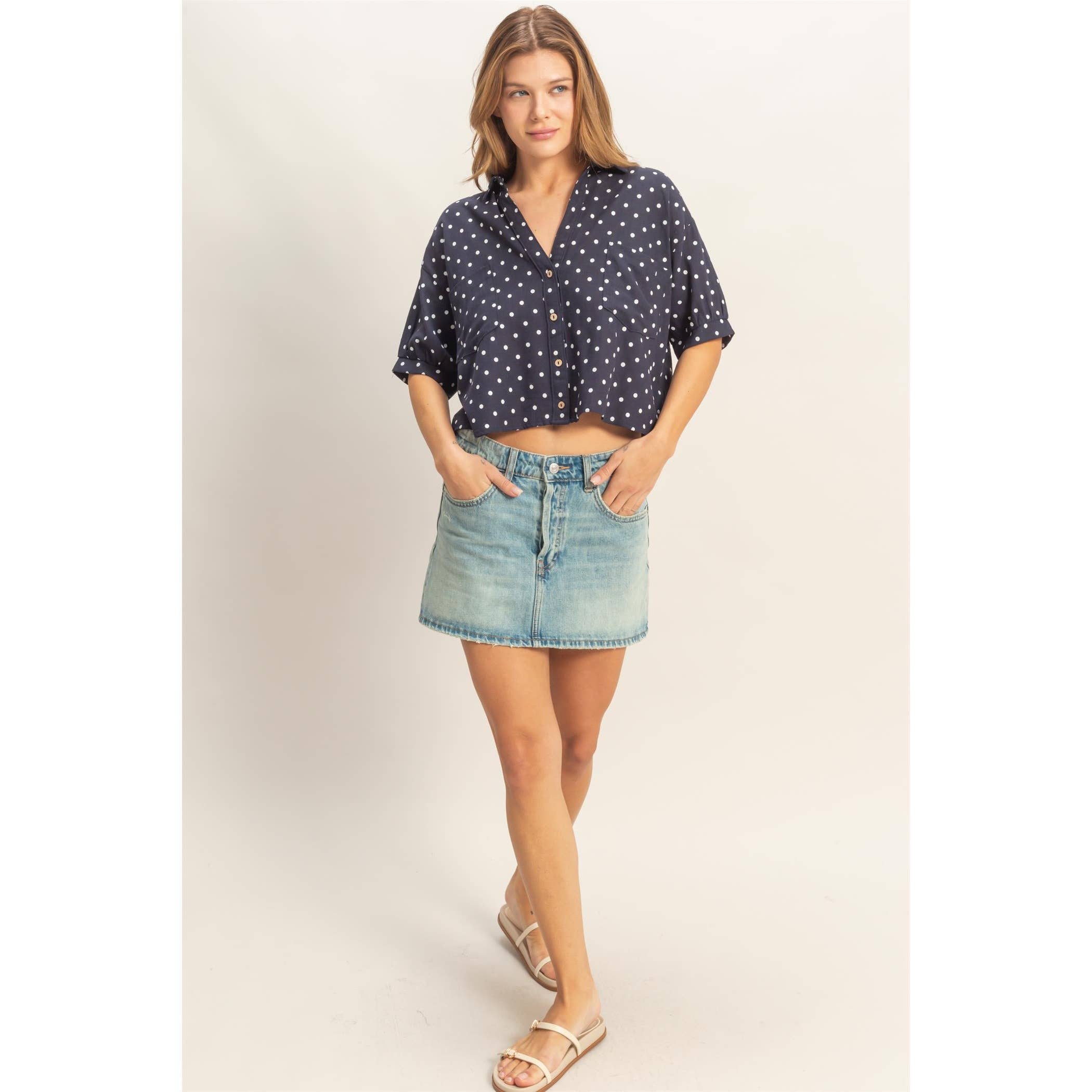 Polka Dot Button-Up Shirt: NAVY,