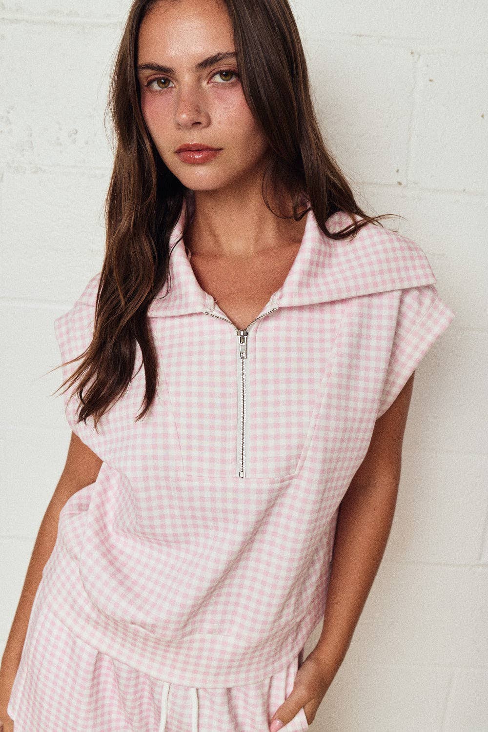 Gingham Zip Up Top Short Set