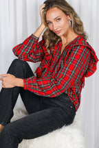 Lace Trim Ruffle Plaid Blouse