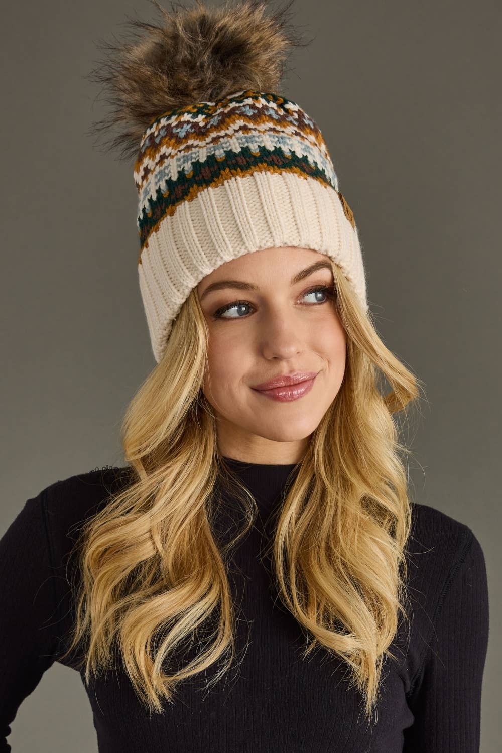 Cream & Multi Patterned Pom Hat