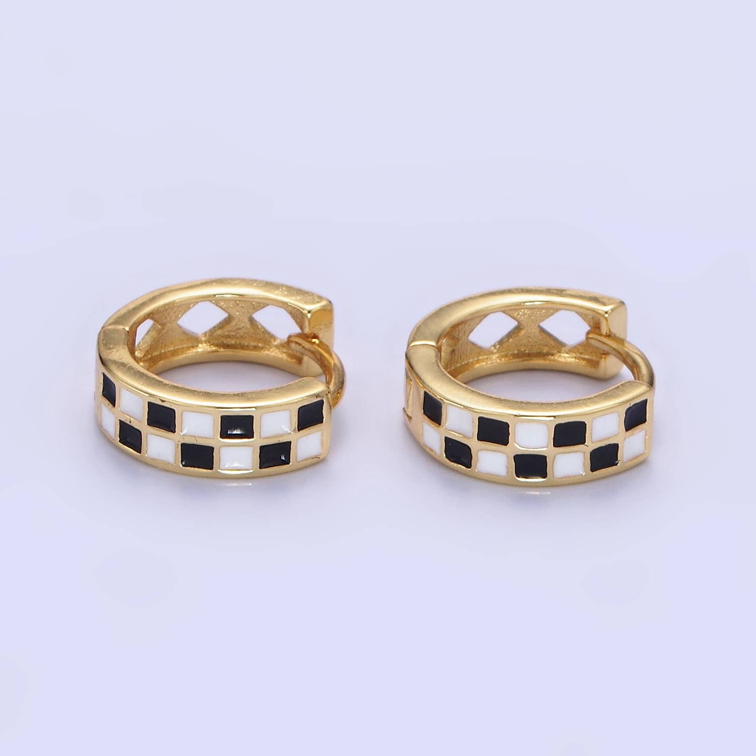 Gold Filled Checkered Enamel Huggies