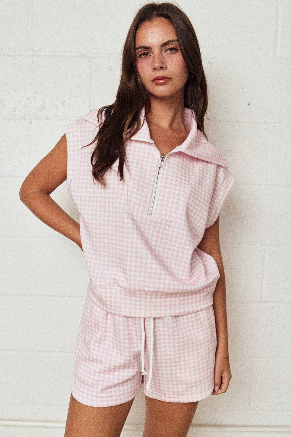 Gingham Zip Up Top Short Set
