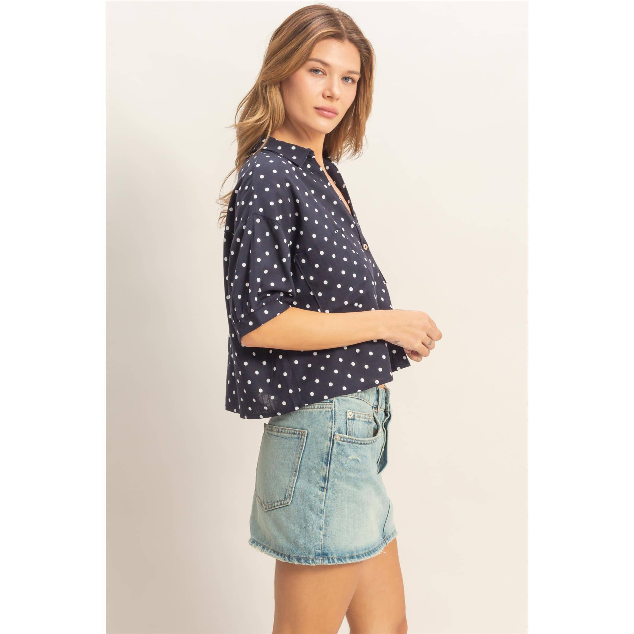 Polka Dot Button-Up Shirt: NAVY,