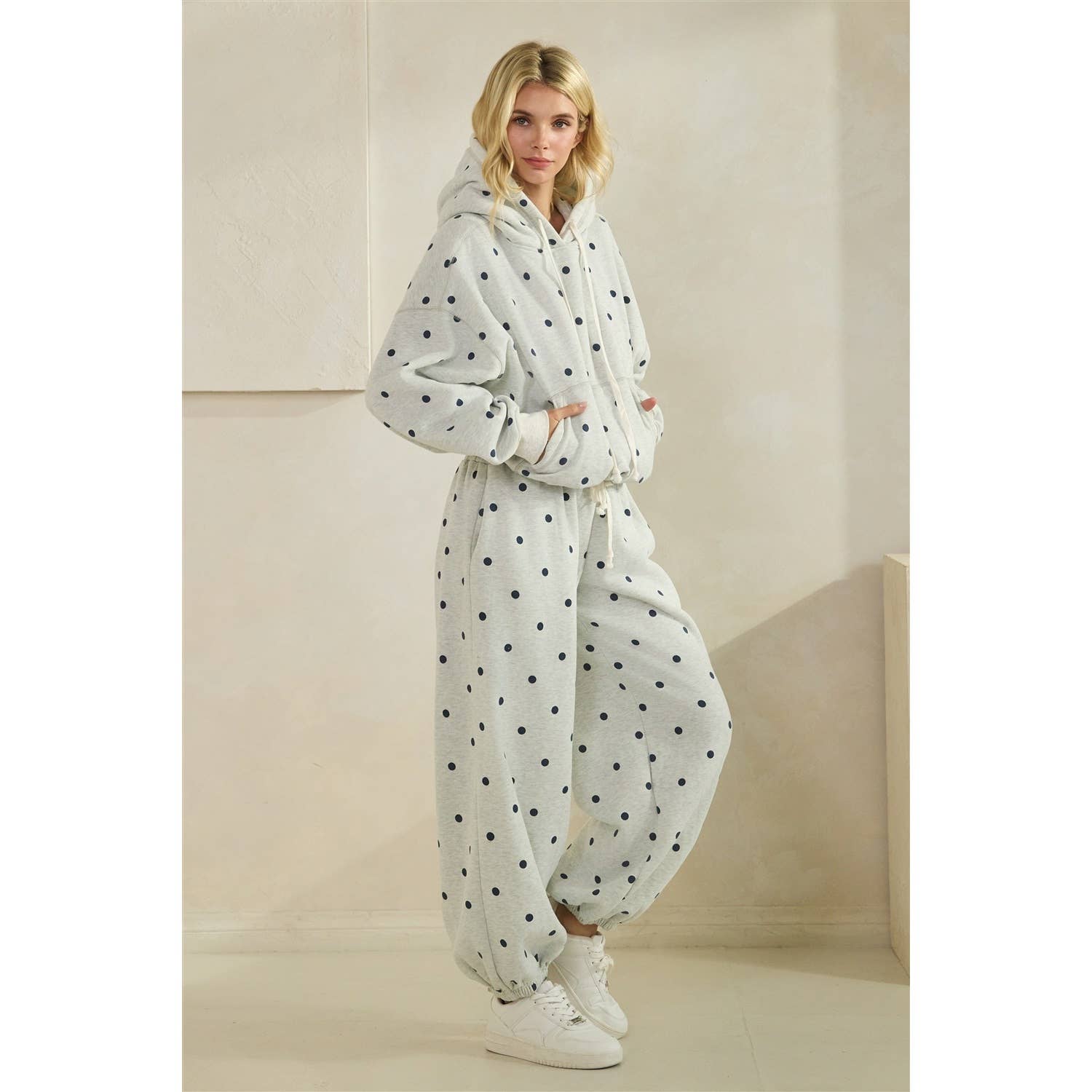 Polka Dot Bubble Hem Knit Hoodie