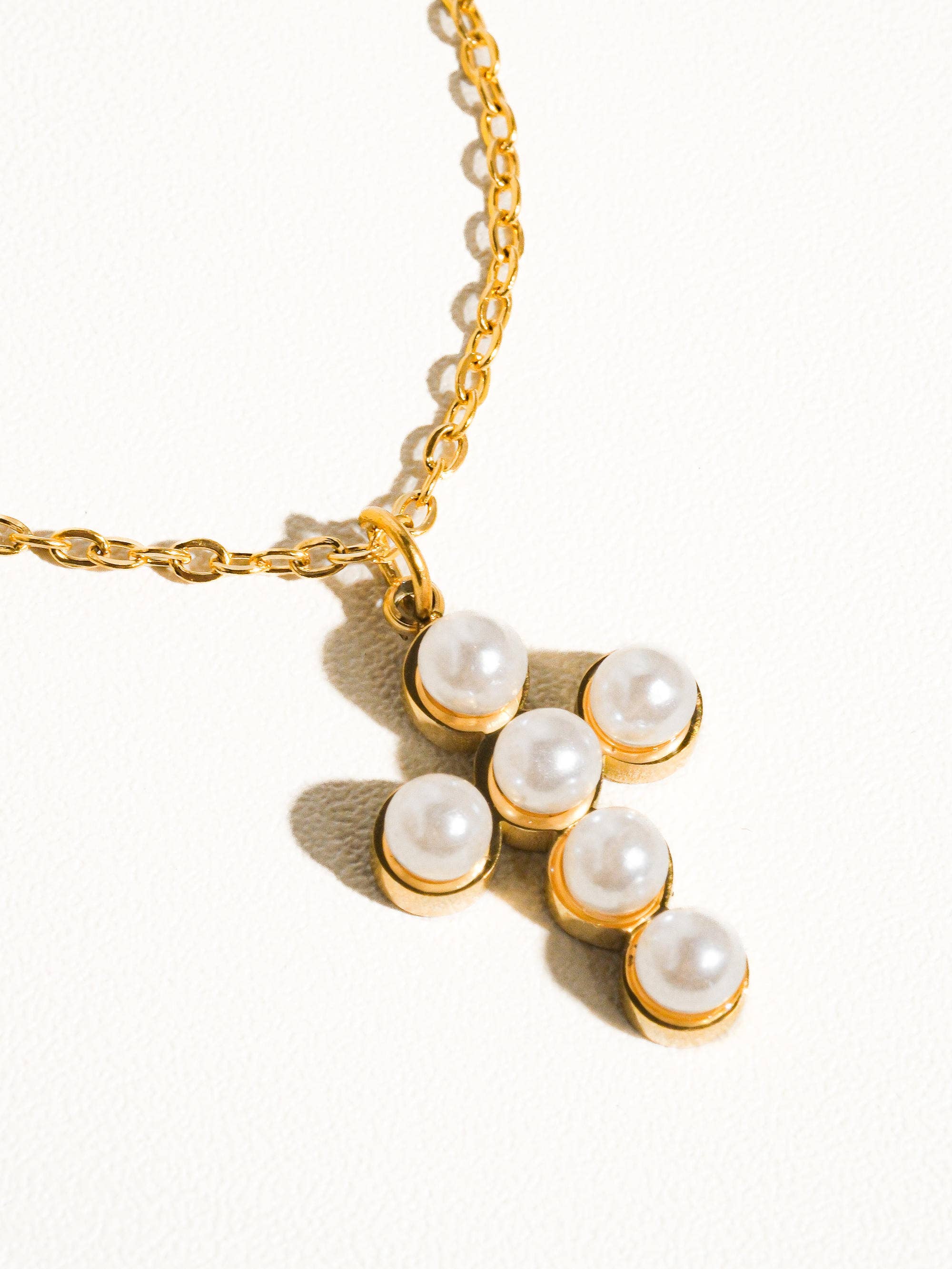 Faith Non-Tarnish Dainty Pearl Cross Necklace: Yellow Gold