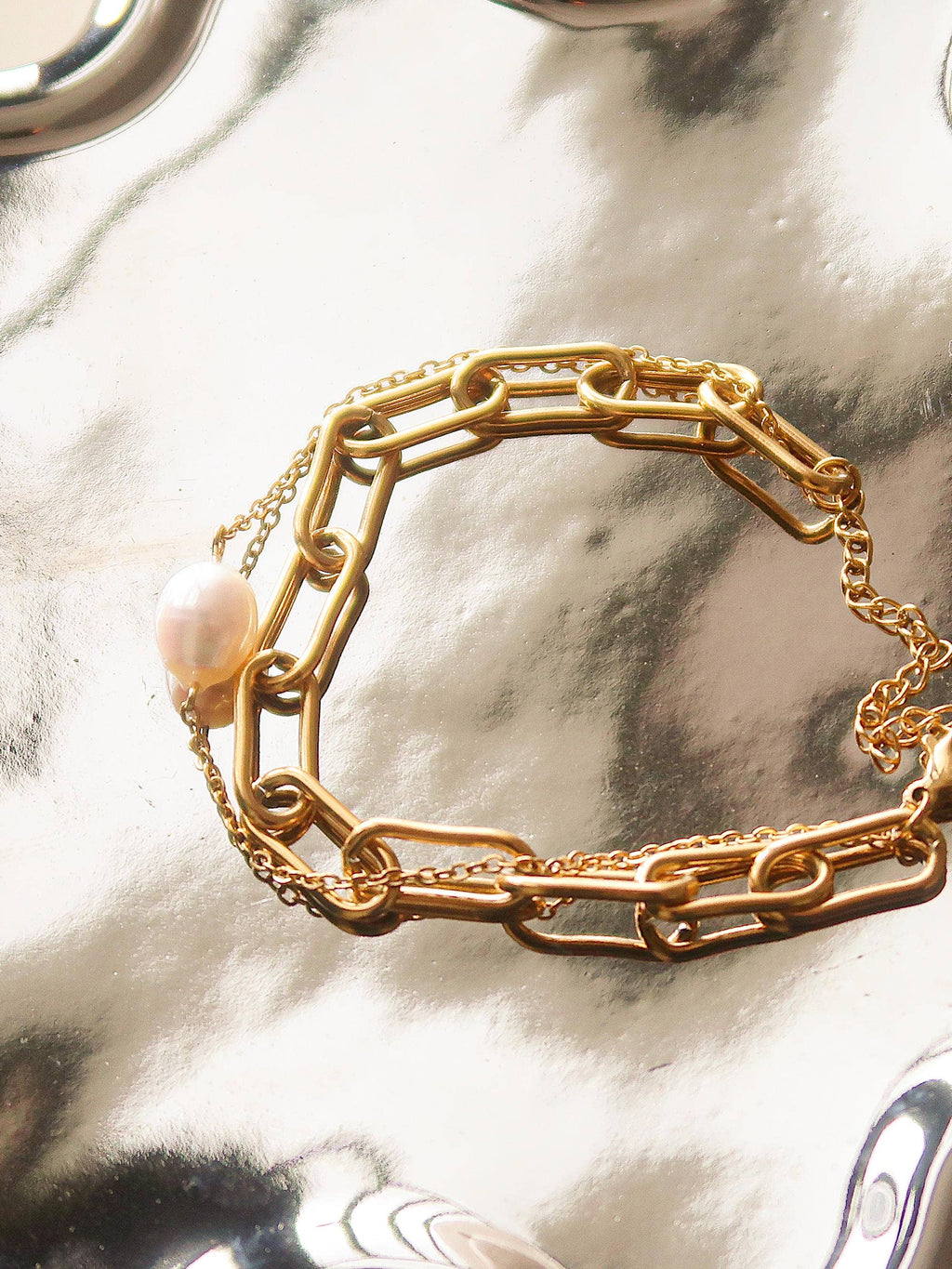 Aether Gold Stacked Chain Pearl Non-Tarnish Bracelet: Yellow Gold