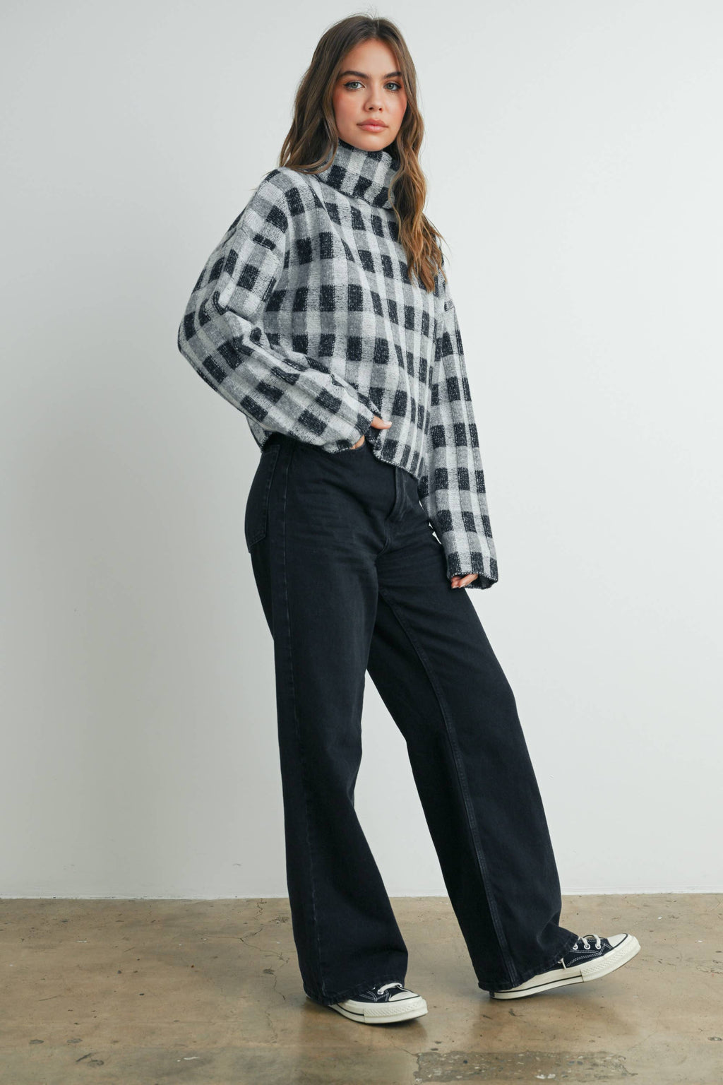 Check Turtleneck Sweater Taupe