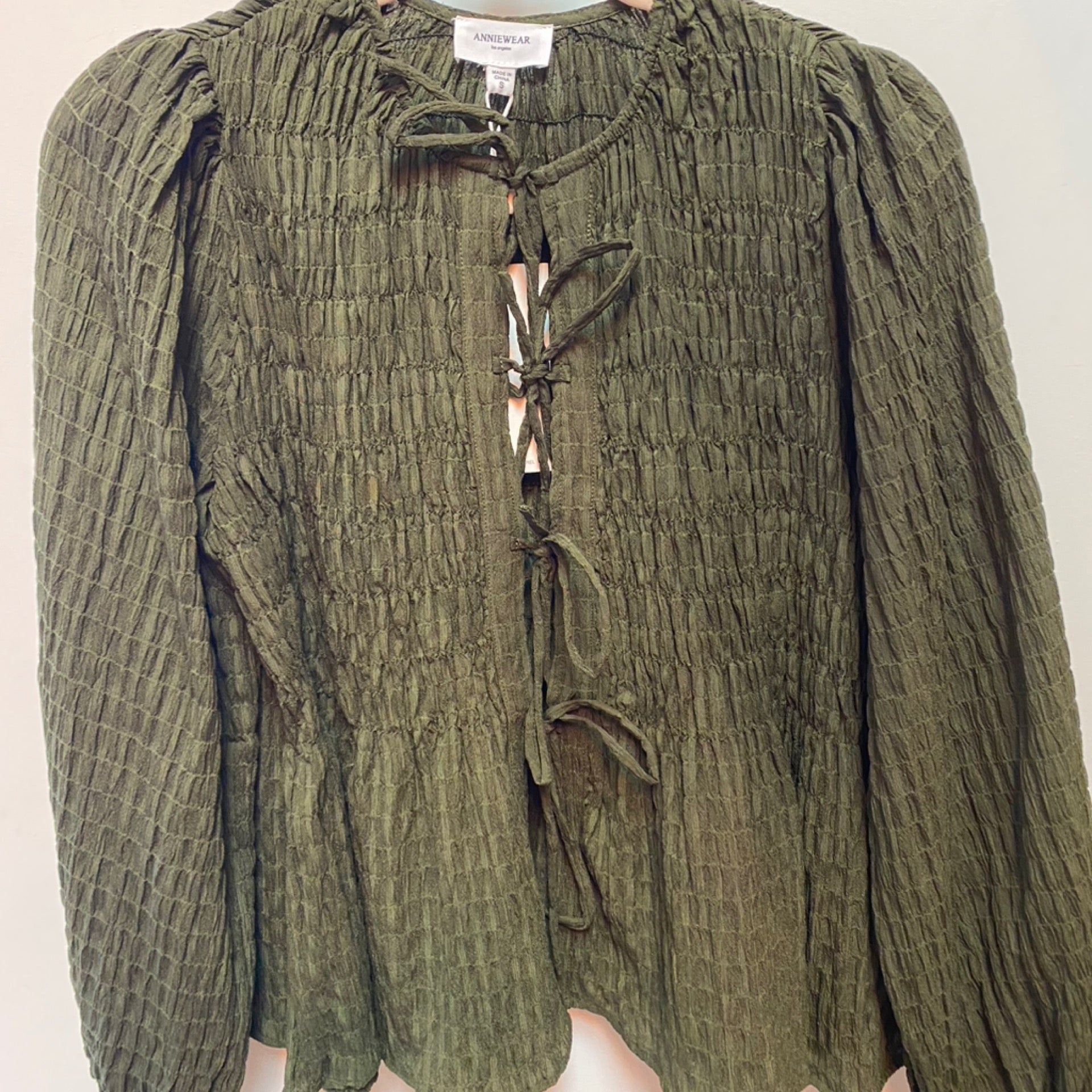 Textured Front Tie Blouse: Olive