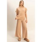 Mock Neck Top And Pants Set: Beige