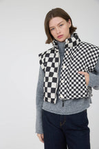CHECKERED CROPPED PUFFER VEST: KHAKI