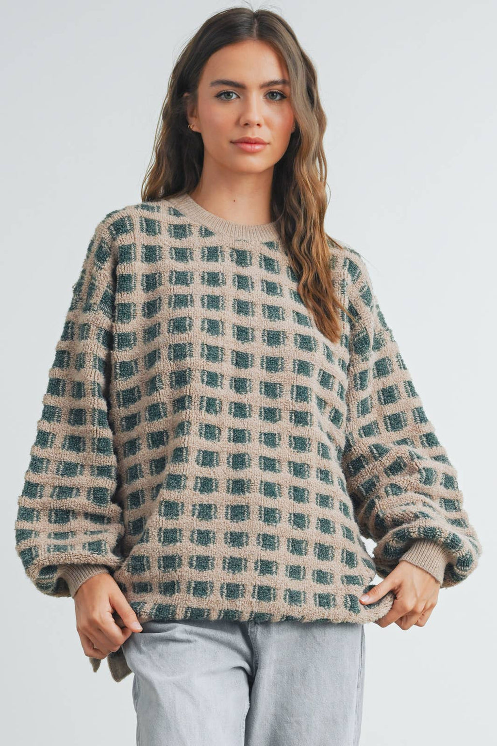 Checkered Oversized Sweater TAUPE / OLIVE