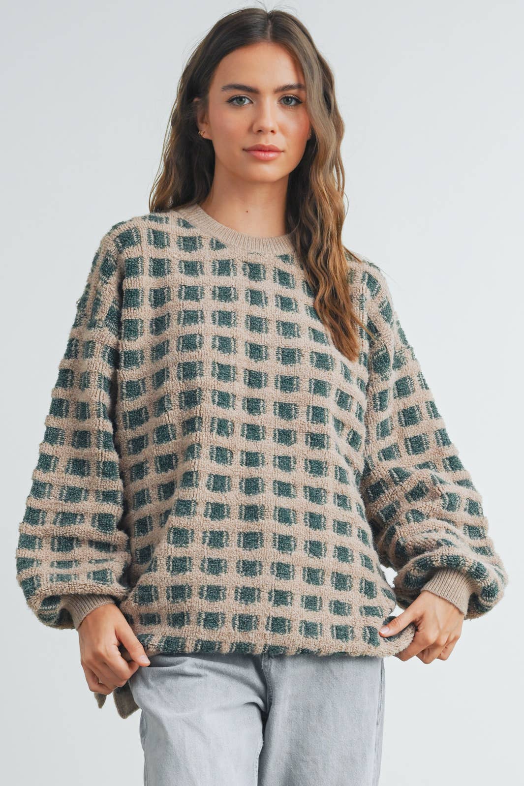 Checkered Oversized Sweater TAUPE / OLIVE