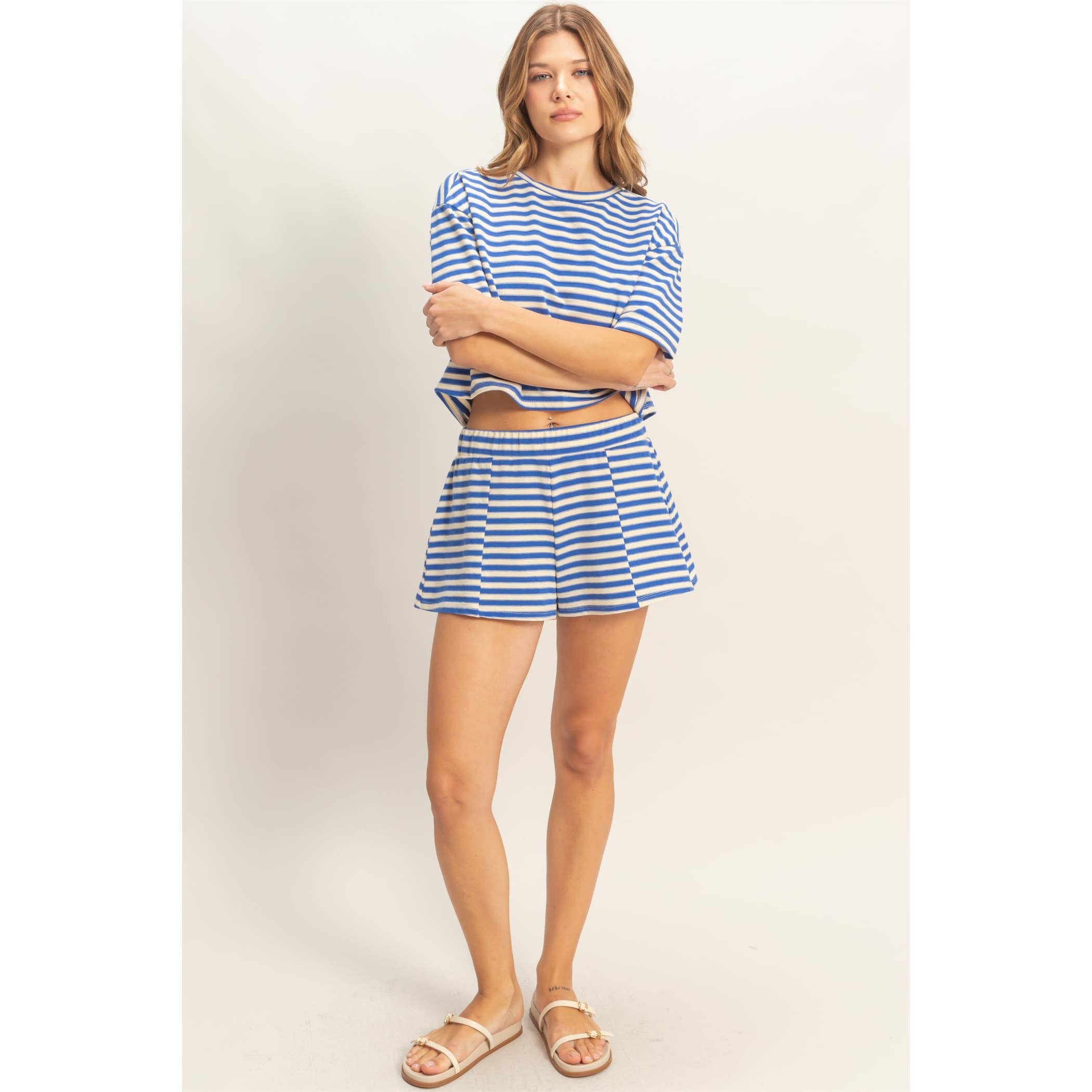 Blue Striped Crew Neck Short Set
