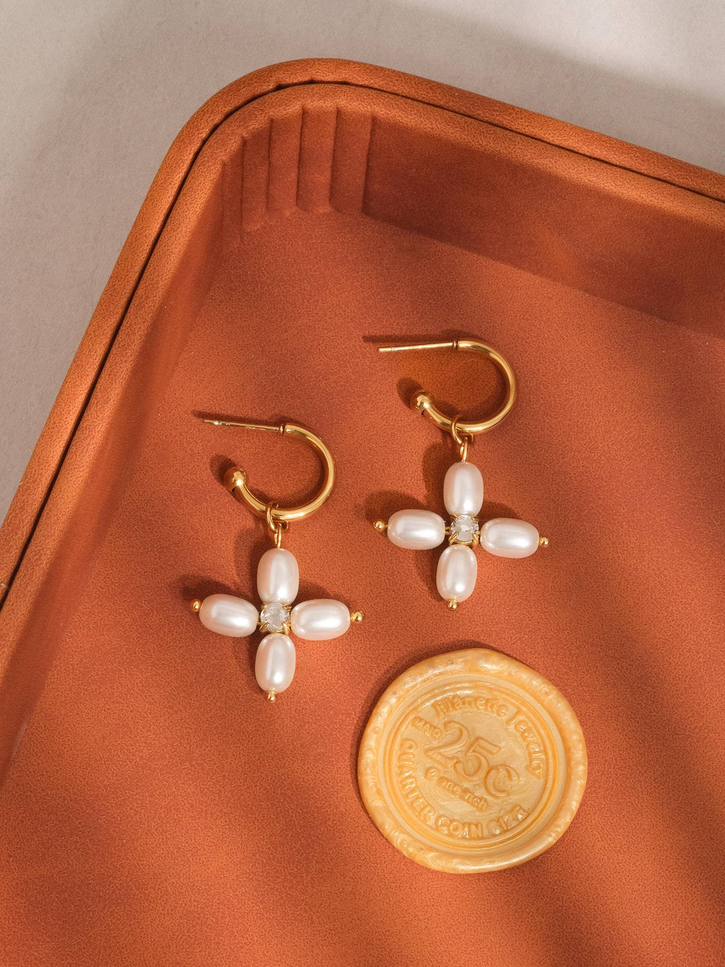 Non-Tarnish Pearl Cross C Hoop Earrings